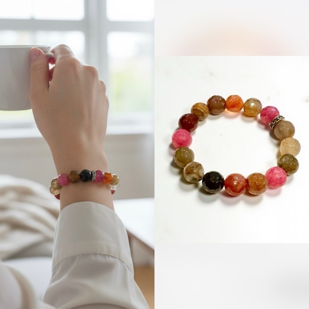 Boutique Pink Brown Faceted Stone Elastic Bracelet R $68
